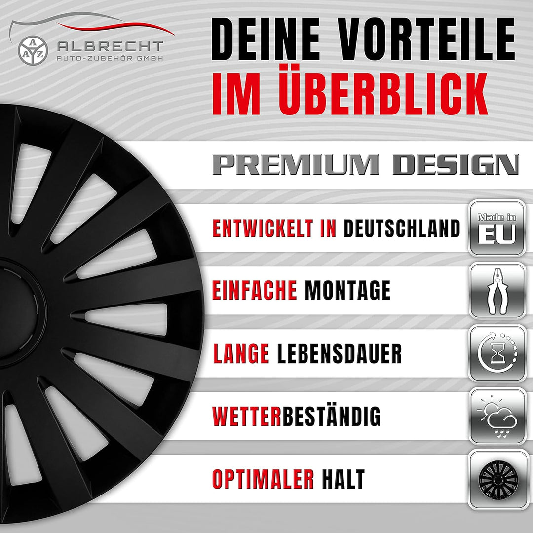 Albrecht 14 Zoll Radkappen schwarz matt für Stahlfelgen - Wind Radzierblenden aus hochwertigem Kunst