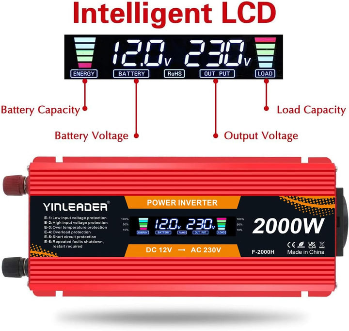 Yinleader Wechselrichter 900W / 2000W 12V 230V Spannungswandler LCD mit 2 USB