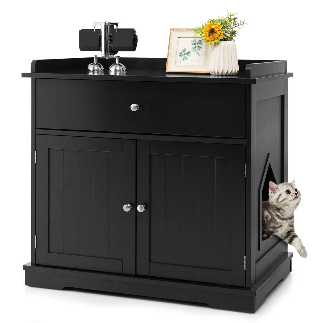 COSTWAY Katzenschrank mit Schublade & Tür & Eingang, 3-in-1 Katzenhaus Katzentoilette Beistelltisch,