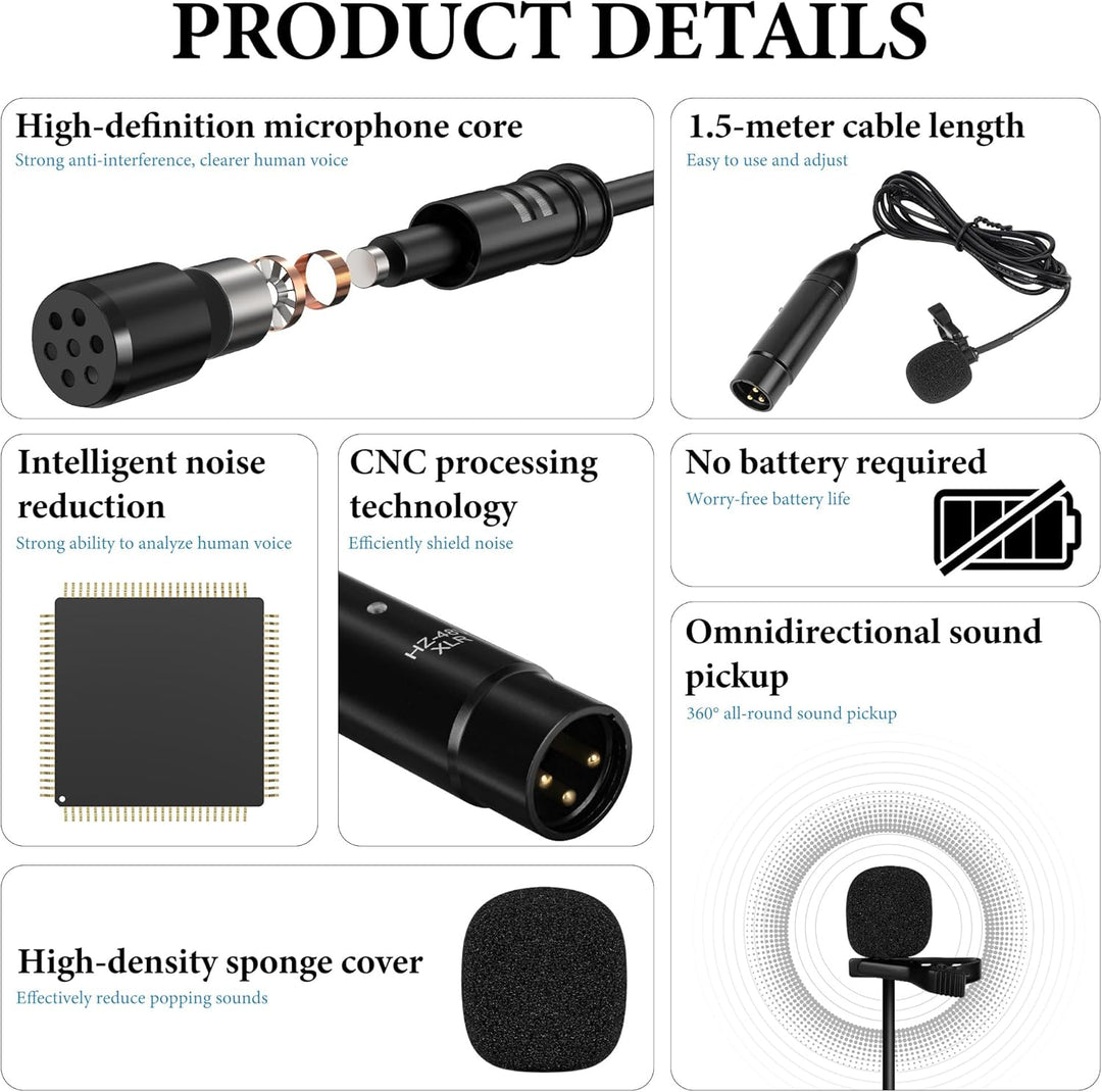 GEEKRIA 48V XLR Lavalier Mikrofon, Omnidirektionales Mikrofon, HD-Rauschunterdrückung, kompatibel mi