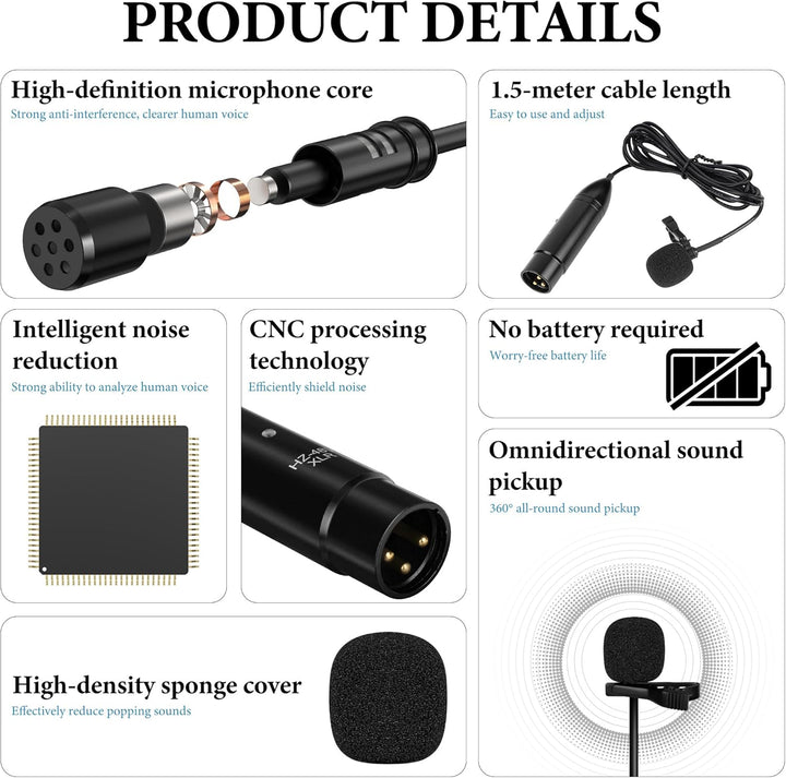 GEEKRIA 48V XLR Lavalier Mikrofon, Omnidirektionales Mikrofon, HD-Rauschunterdrückung, kompatibel mi