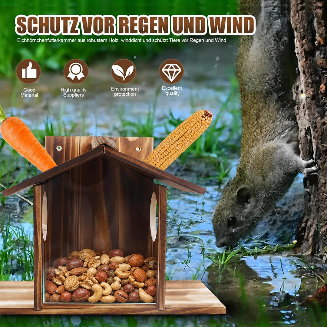 Eichhörnchen Futterhaus Wetterfest aus Holz – Robust Eichhörnchen Haus mit Leinöl-Beschichtung, Belü