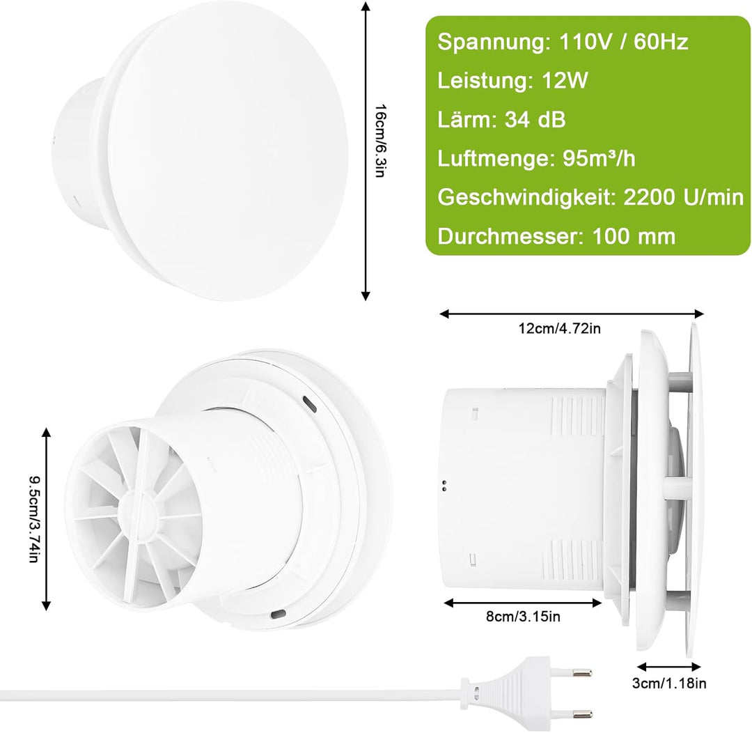 Badlüfter 100mm mit Rückstauklappe Leise Abluftventilator 12W Badezimmer Lüfter Weiss Wandventilator