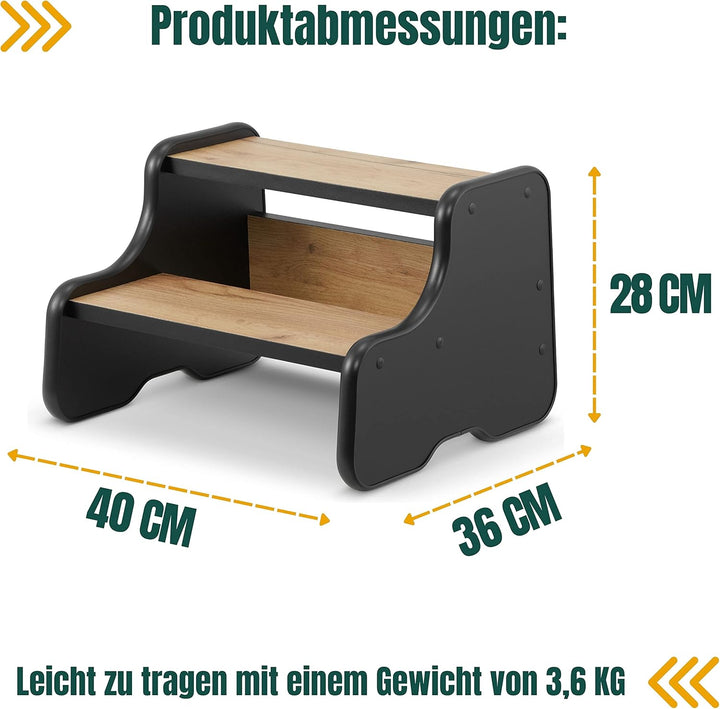 defiPad Tritthocker für Kinder mit 2 Stufen Schwarz/Eiche, Kinderhocker und Toilettenhocker, Tritt-S