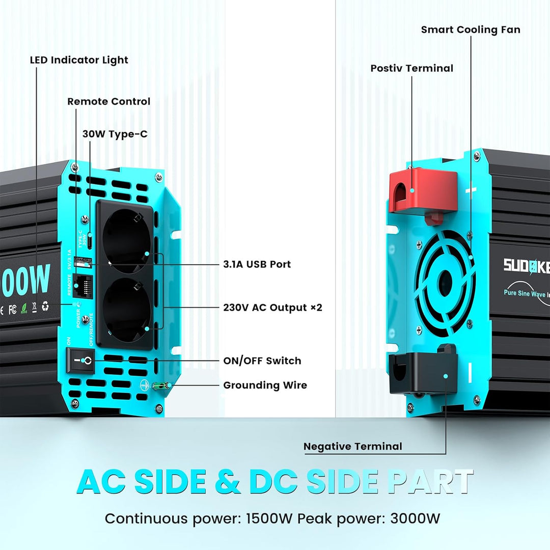 SUDOKEJI 1500W/3000W Wechselrichter Reiner Sinus Spannungswandler 12v auf 230v Power Inverter mit LC