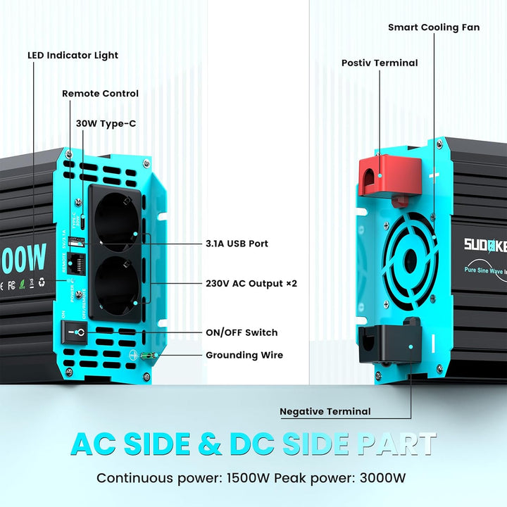 SUDOKEJI 1500W/3000W Wechselrichter Reiner Sinus Spannungswandler 12v auf 230v Power Inverter mit LC