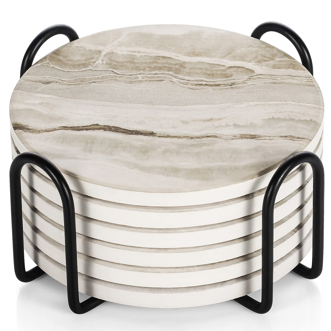 LIFVER Marmor Glas Untersetzer-Set 6er, Absorbierend Mit Korkboden Und Halter, Für Getränke in Bars,
