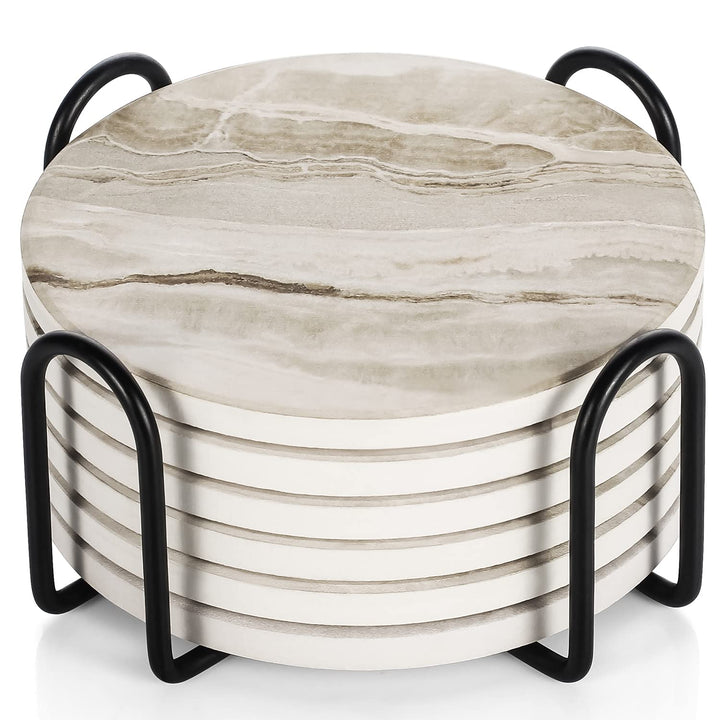 LIFVER Marmor Glas Untersetzer-Set 6er, Absorbierend Mit Korkboden Und Halter, Für Getränke in Bars,
