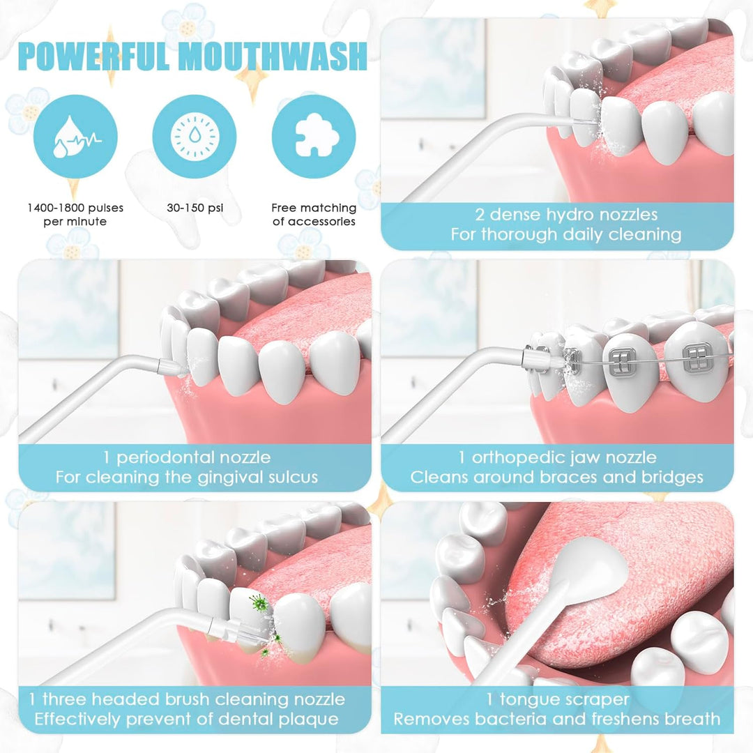 Munddusche Kabellos, Wasser-Bewässerungssatz mit 350ml Wassertank, Zahnbürste Elektrisch 5 Modi & 5