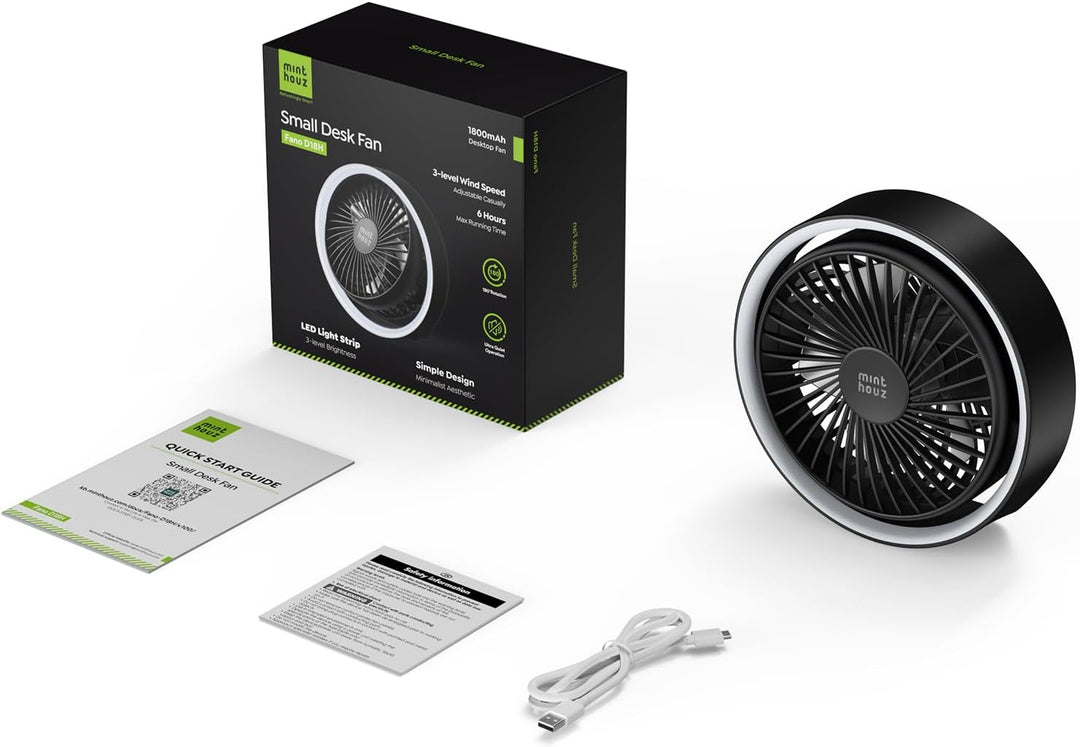 Minthouz Tischventilator Leise, USB Wiederaufladbarer Kleiner Ventilator mit Haken, 180° Drehbarer M