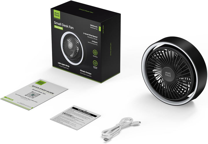 Minthouz Tischventilator Leise, USB Wiederaufladbarer Kleiner Ventilator mit Haken, 180° Drehbarer M