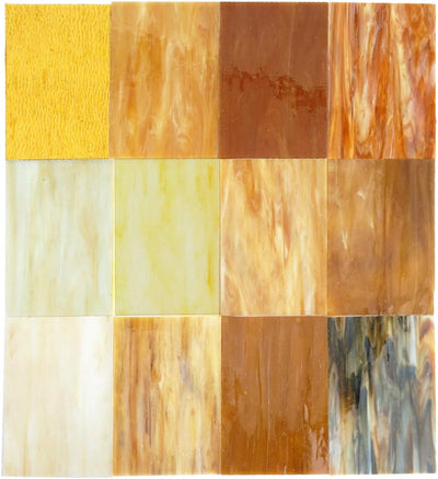 Lanyani Buntglasplatten, 10,2 x 15,2 cm, Tiffany-Glas, gemischte Texturen, 10 Blatt Bernstein, Berns