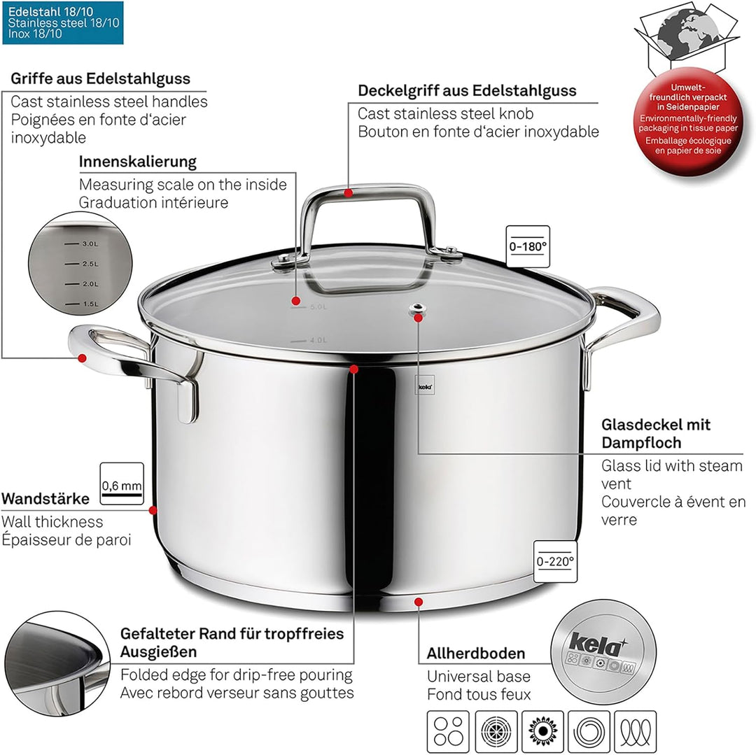kela Fleischtopf 24 cm FLAVORIA, Kochtopf Induktion 5,5 L, Glasdeckel mit Dampfauslassventil, Innens