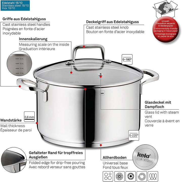 kela Fleischtopf 24 cm FLAVORIA, Kochtopf Induktion 5,5 L, Glasdeckel mit Dampfauslassventil, Innens