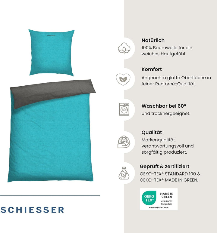 Schiesser Wendebettwäsche Doubleface Türkis-Anthrazit, 100% Baumwolle, Grösse:135 x 200 cm + 80 x 80