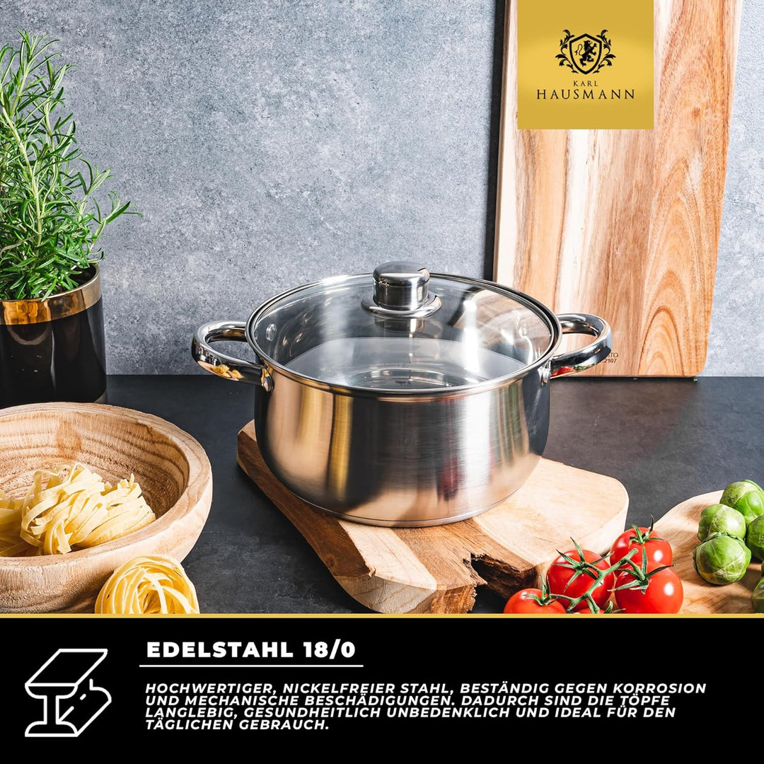 Topfset Induktion 3-teilig, Kochtopf Set mit Glasdeckel, Edelstahl mattiert, Induktions Töpfe Set un