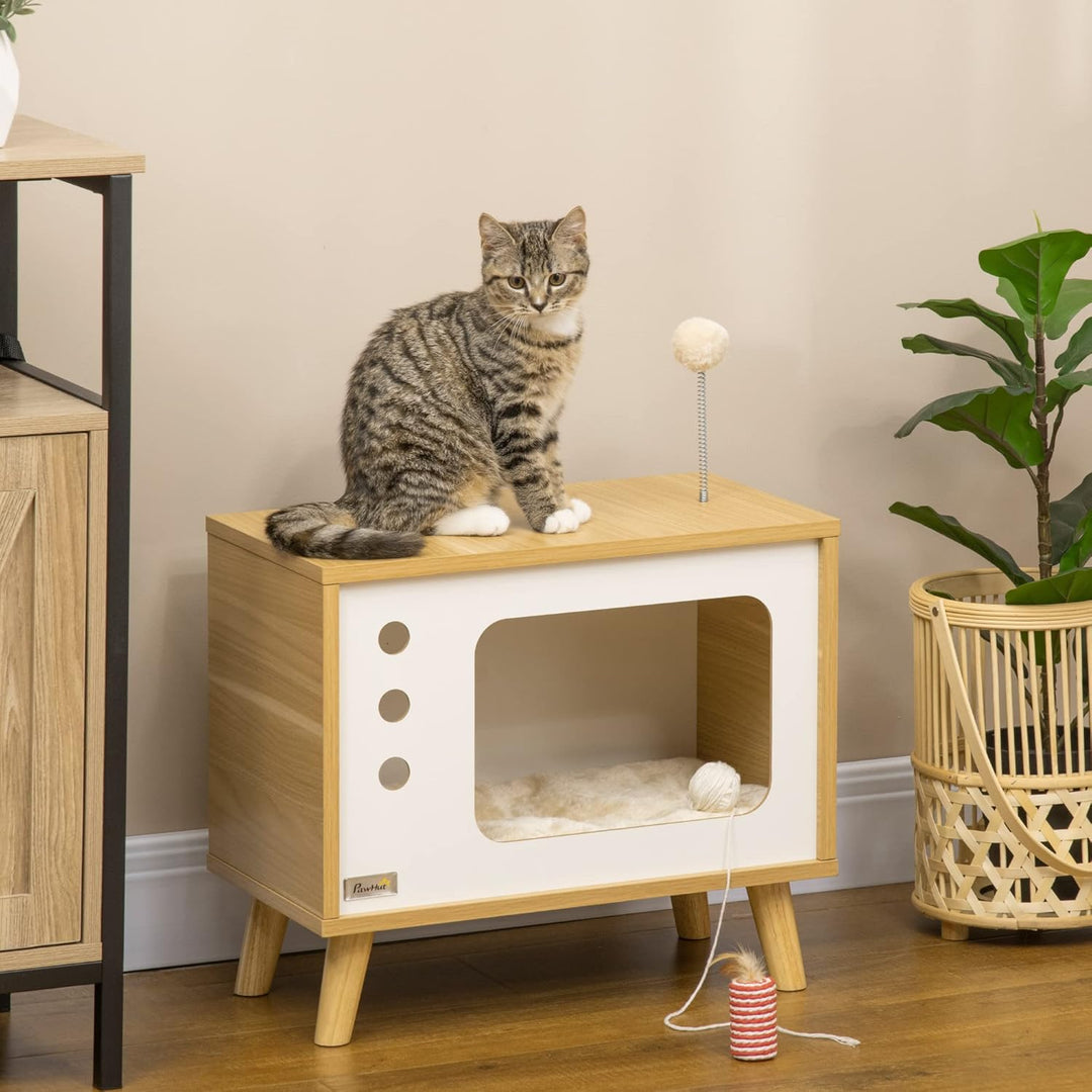 PawHut Katzenhaus, Katzenkiste TV-förmige mit Spielball, Kratzmatte Indoor Katzenhütte Katzenschrank