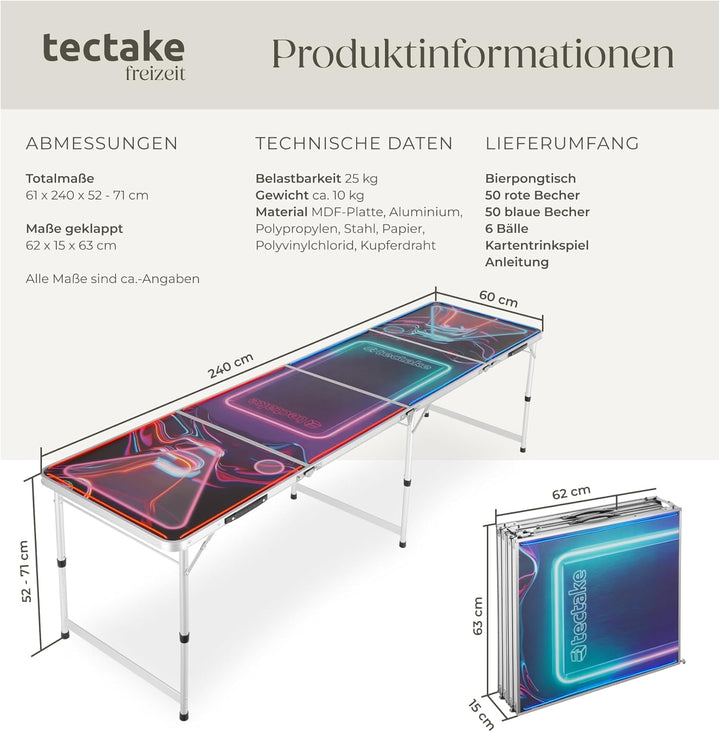 tectake® Bierpong Tisch mit Party Deko LED Beleuchtung, Tisch höhenverstellbar, Klapptisch, Set mit