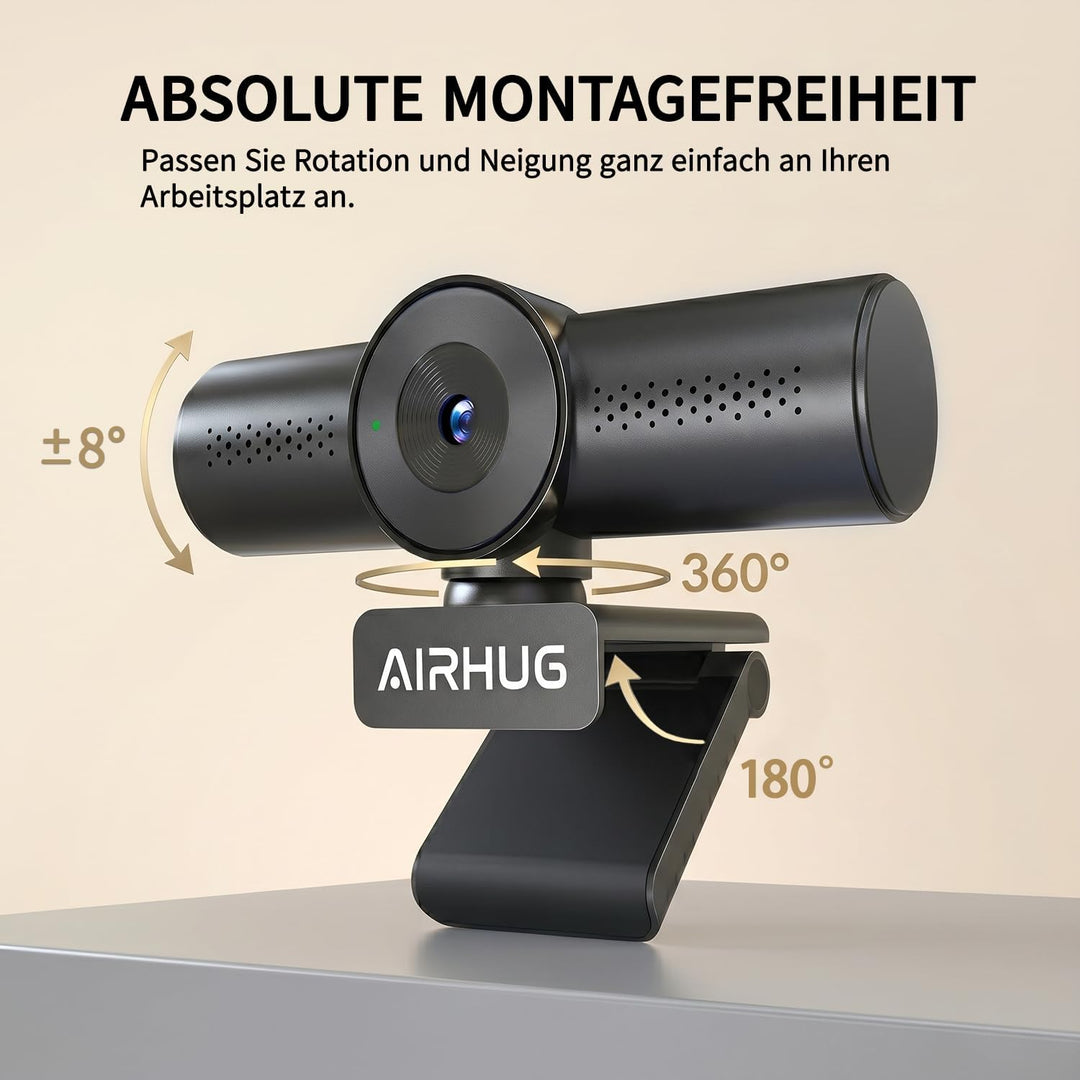 AIRHUG 4K 30fps Webcam-Sony 16MP Sensor,PDAF Autofokus,Auto-Lichtkorrektur,Zwei omnidirektionale Mik