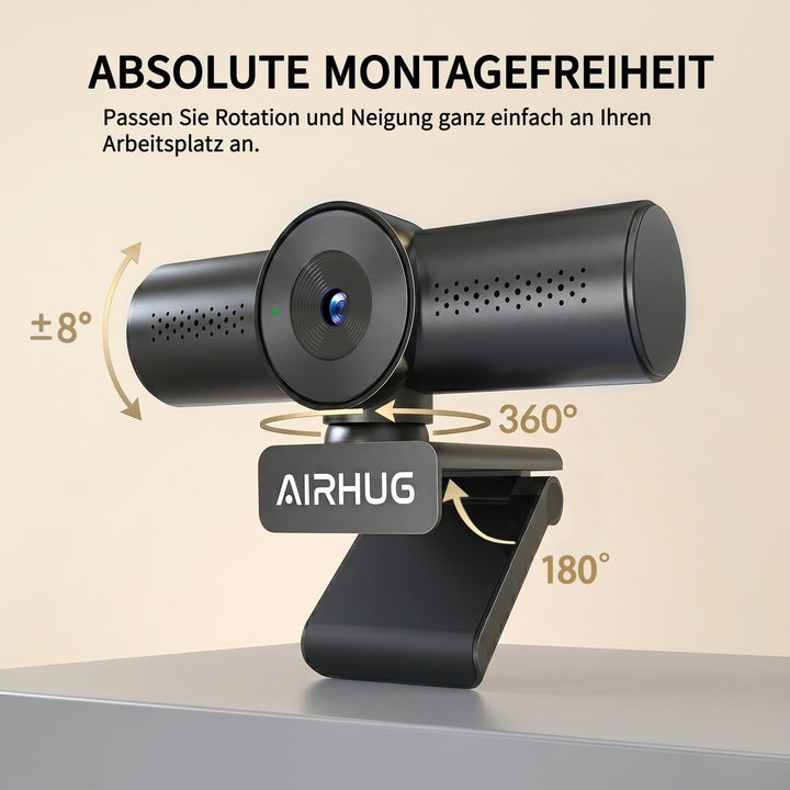 AIRHUG 4K 30fps Webcam-Sony 16MP Sensor,PDAF Autofokus,Auto-Lichtkorrektur,Zwei omnidirektionale Mik