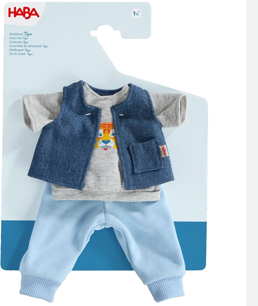 HABA Kleiderset Tiger – Puppenkleidung-Set, T-Shirt mit Weste &amp; Hose, für 30 cm Puppen, Mehrfarbig,