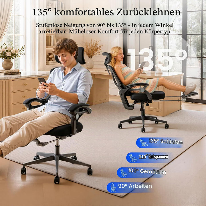 FLEXISPOT Ergonomischer Bürostuhl mit Fussstütze, X-förmiger Schreibtischstuhl mit 135°-Neigung, Gek