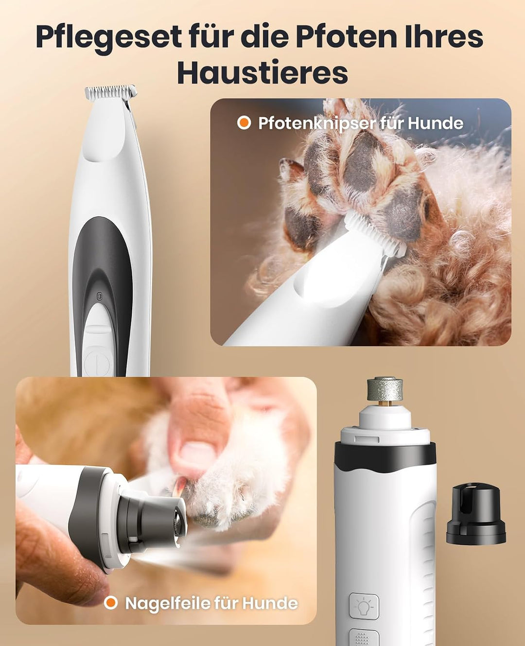 oneisall 2in1 Pfotentrimmer für Hunde + Krallenschleifer für Hunde | Leise 35dB, 2-LED-Leuchte, USB-