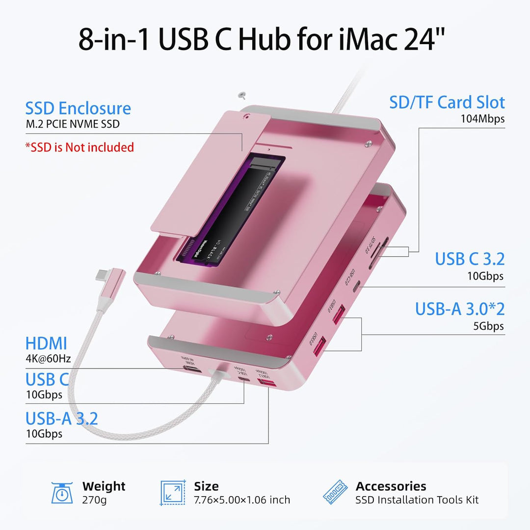 USB-C-Hub für Mac 24 Zoll 2021/2023/2024, 8-in-1-iMac-USB-Hub mit M.2-SSD-Erweiterung (SSD Nicht im