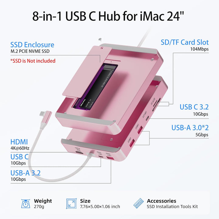USB-C-Hub für Mac 24 Zoll 2021/2023/2024, 8-in-1-iMac-USB-Hub mit M.2-SSD-Erweiterung (SSD Nicht im