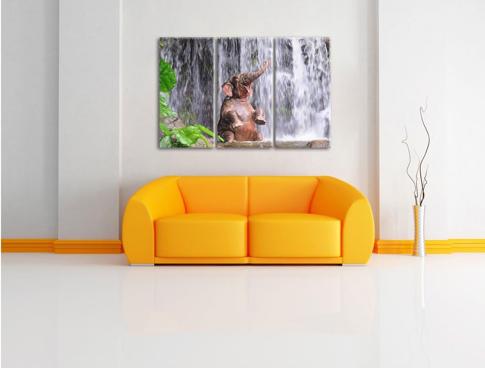 Pixxprint Babyelefant am Wasserfall Kunst Buntstift Effekt 3-Teiler Leinwandbild 120x80 Bild auf Lei