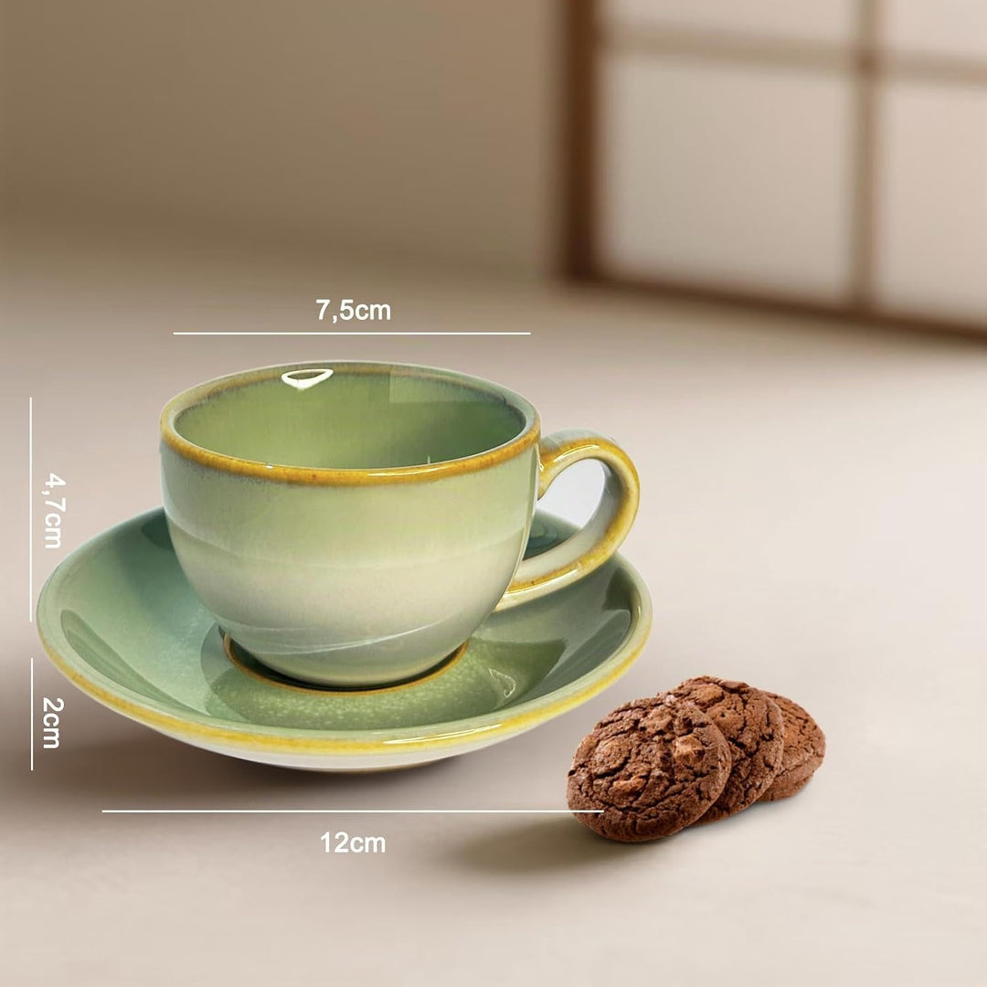 Espressotassen Set mit Untertassen 100ml, 4er Set bunt, handgefertigte Steingut Kaffeetassen, spülma