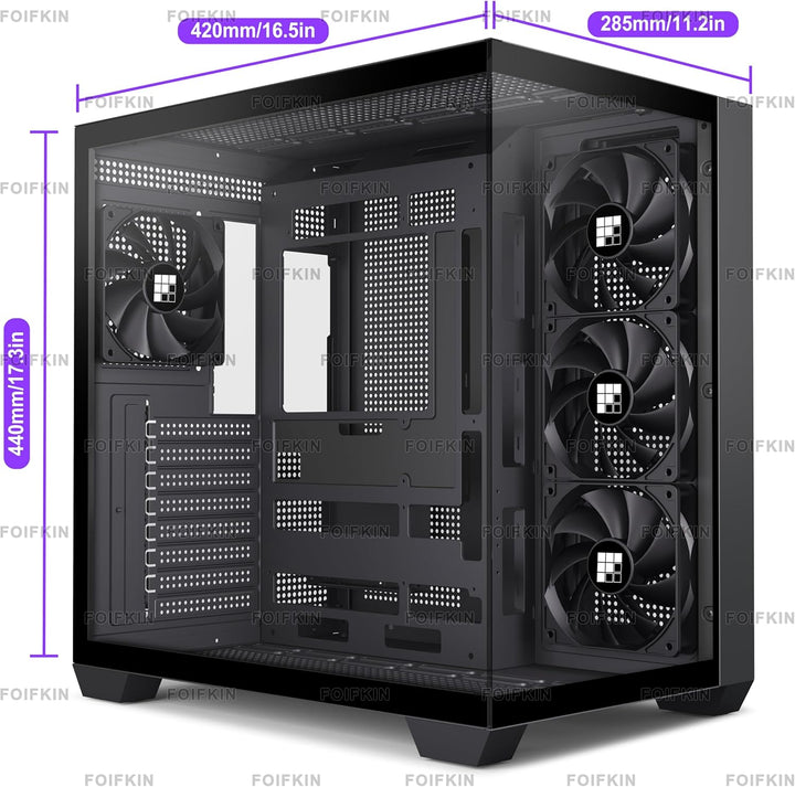 FOIFKIN PC Gehäuse - Vorinstallierte 3 PWM ohne RGB-Lüfter, ATX Mid-Tower Gaming PC Gehäuse, 270° Pa