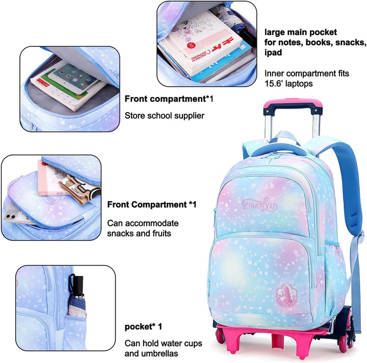 Voici et Voila 3PCS Schulrucksack Rollen Mädchen Trolley Rucksack mit Rollen Mädchen Teenager Schult