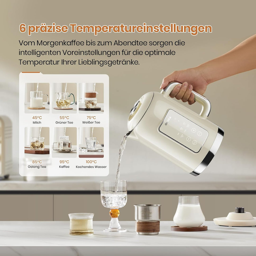 OLEGA Wasserkocher: 1800 W Wasserkocher mit Temperaturregelung, 1,5 l Fassungsvermögen, Edelstahl, S