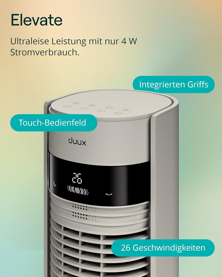Duux Elevate Turmventilator – 26 Geschwindigkeiten, 80° Oszillation, Nur 25 dB, Ionisator, Timer (1–
