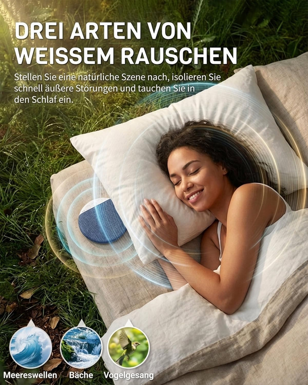 MOXTOYU Kissenlautsprecher Bluetooth, Tragbarer Mini-Lautsprecher mit BT 5.4, Weissem Rauschen & Tim