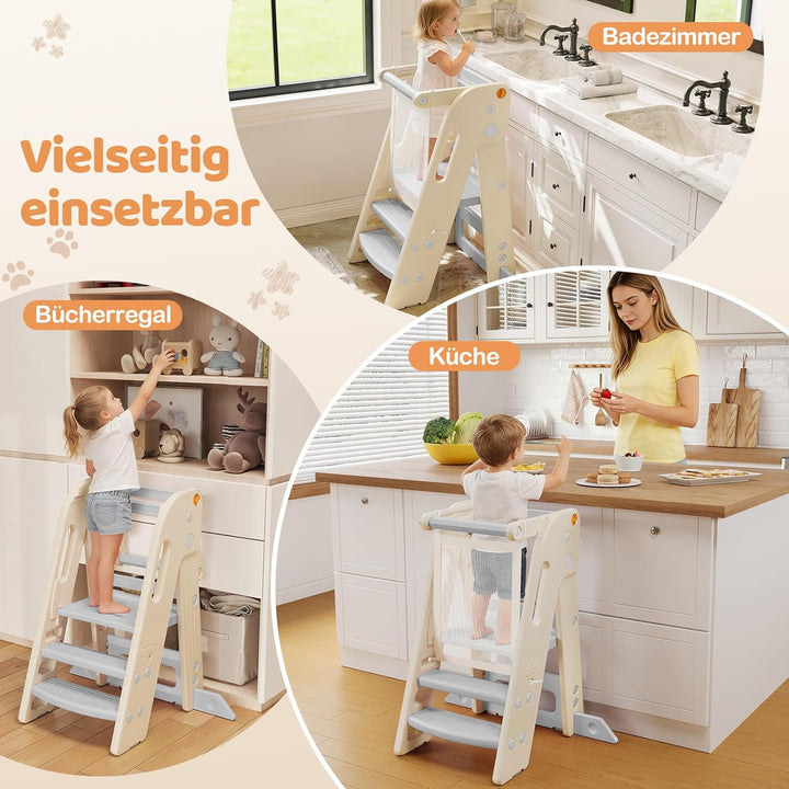 Lernturm für Kinder mit Sicherheitsgeländer, Lernturm Klappbar, Höhenverstellbar, Learning Tower mit