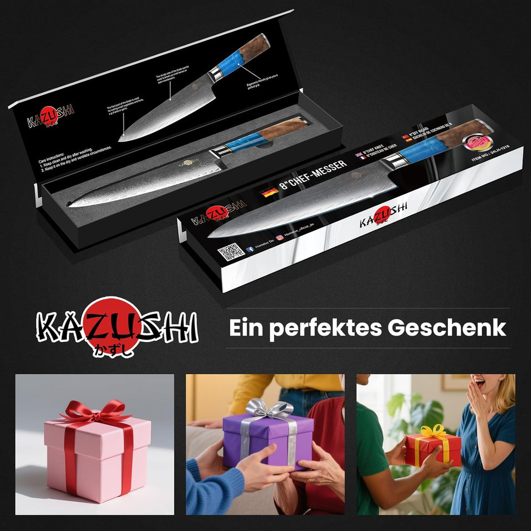 KAZUSHI Kochmesser, Profi Messer, Scharfe Küchenmesser Chefmesser, Klingenlänge 21 cm, Holzgriffe au