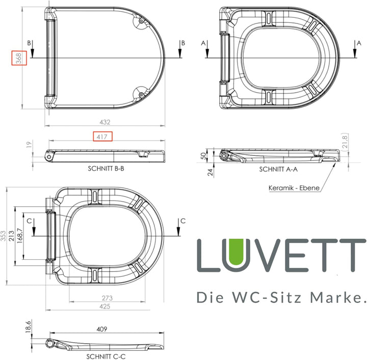 LUVETT® WC-Sitz inkl. 3 Edelstahl Montagelösungen &amp; Absenkautomatik Softclose, Made in EU, antibakte