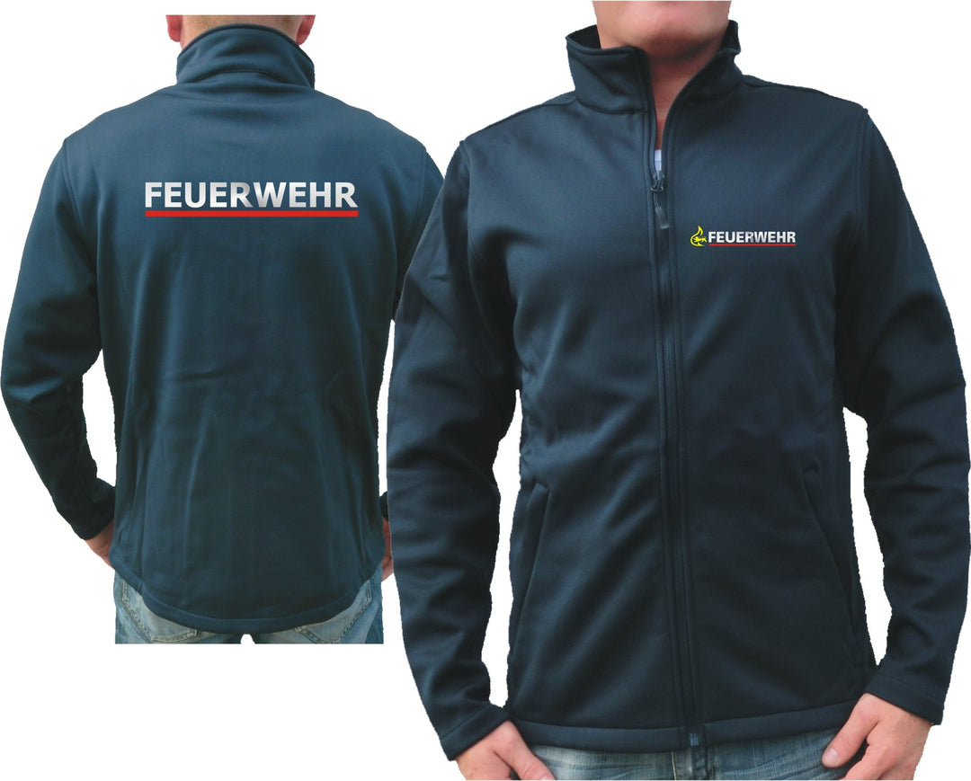 feuer1 SmartSoftshelljacke navy, BaWü Stauferlöwe nach VwV mit Rückendruck FEUERWEHR silber/rot L Na