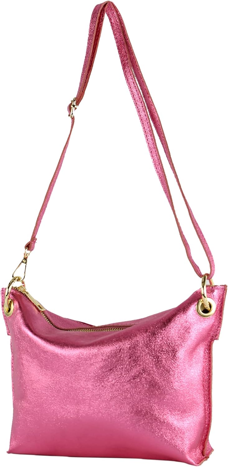 modamoda de - T243 - ital. Umhängetasche Klein Small aus Leder Candy Pink Metallic, Candy Pink Metal