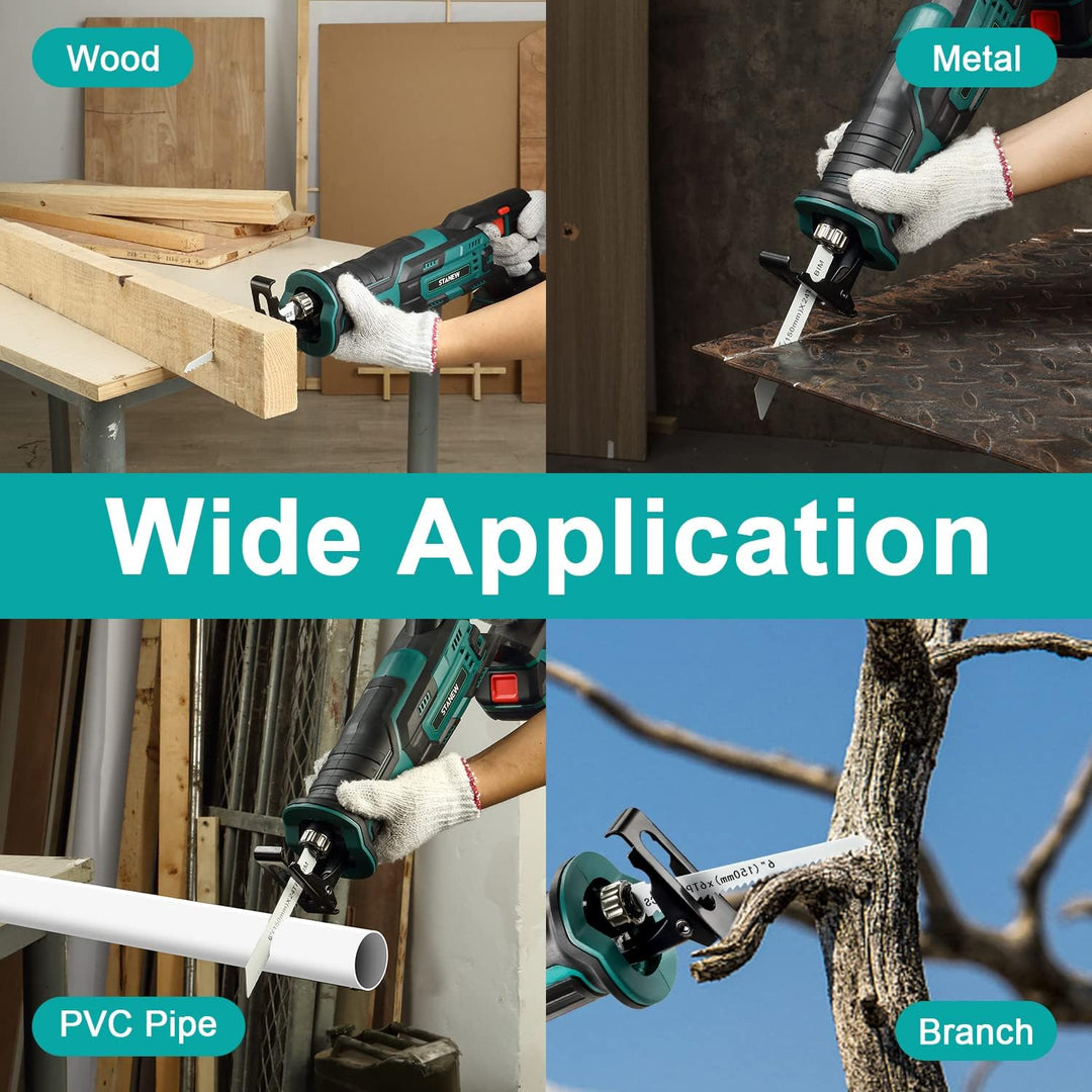 STANEW akku säbelsäge 20V 2.0A,Akku-Reciprosäge mit 2x2.0Ah Batterien,3 Sägeblätter für Holz, 2 Säge