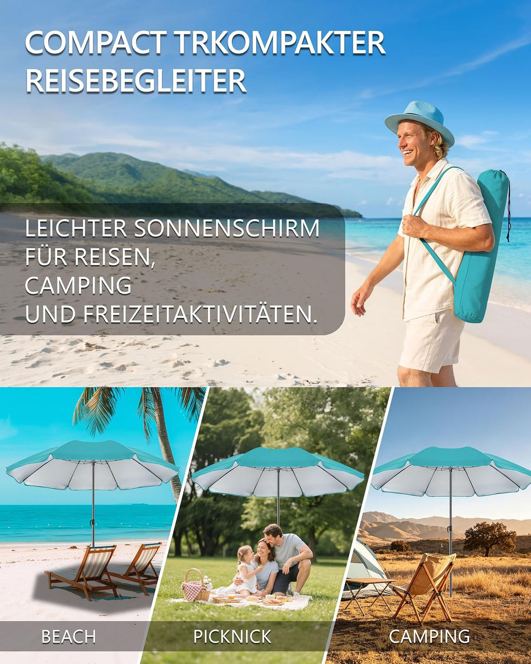 4smile Sonnenschirm Strand Ø 160 cm - UPF 50+ Praktischer Reise Sonnenschirm für Koffer - Funktionel