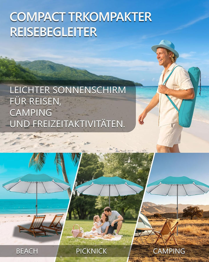 4smile Sonnenschirm Strand Ø 160 cm - UPF 50+ Praktischer Reise Sonnenschirm für Koffer - Funktionel