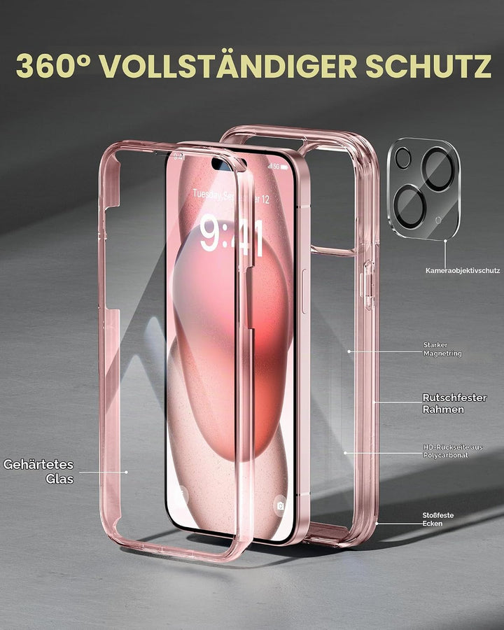 Miracase 360 Grad für iPhone 15 Hülle mit Eingebaut Glas Schutzfolie und Kameraschutz, Stossfest Kom