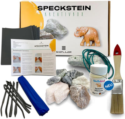 Sheflajor Speckstein Set: 1kg Speckstein / 8 Raspeln / 12 Schleifpapier / Flachpinsel / inklusive An