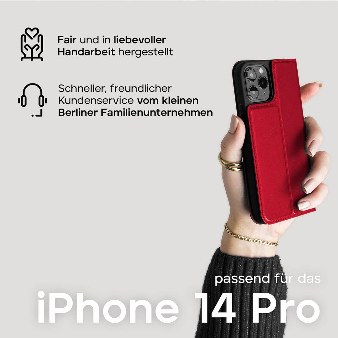 WIIUKA Hülle für iPhone 14 Pro, Leder aus Deutschland, mit Kartenfach, extra Dünn, Handyhülle mit St