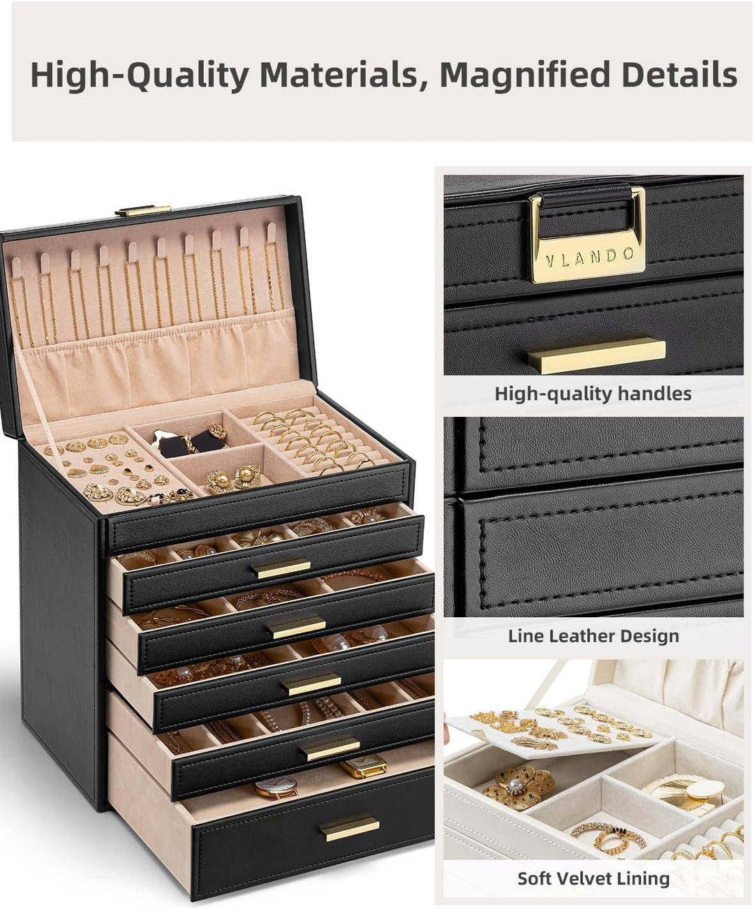 Vlando Modern Schmuckkasten Gross, Schmuckkästchen mit 6 Ebenen, Geräumige Schmuckschatulle Damen, f