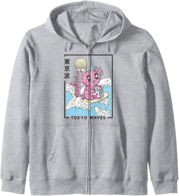 Axolotl Erdbeermilch, japanische Wellen, Kawaii, ästhetisch Kapuzenjacke