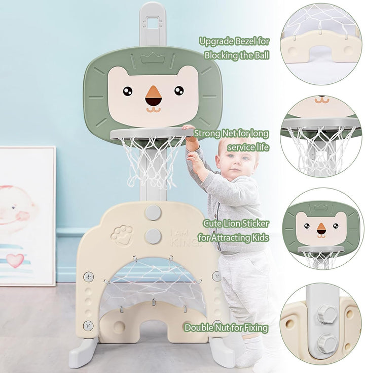 HOMASIS 3 in 1 Kinder Basketballkorb Set, multifunktionaler Basketballständer mit Fussballtor & Golf